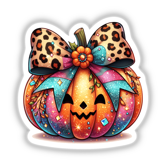Vibrant pumpkin decor with leopard print bow and colorful floral accents