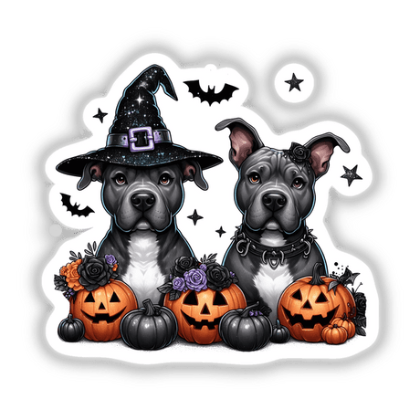 Two Halloween Pitbull Pumpkin Dogs wearing hats, surrounded by pumpkins and bats. Available as stickers or digital artwork.