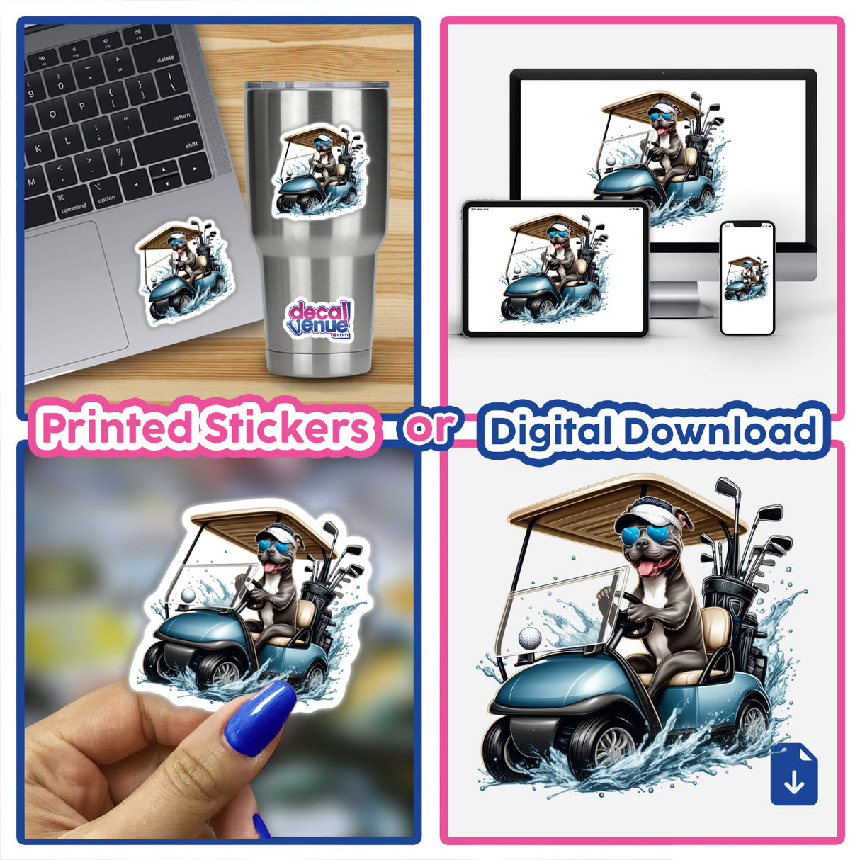 Pitbull Dog Driving Golf Cart sticker collage, featuring playful images of the dog in various driving poses, available as unique vinyl stickers or digital artwork from Decal Venue.