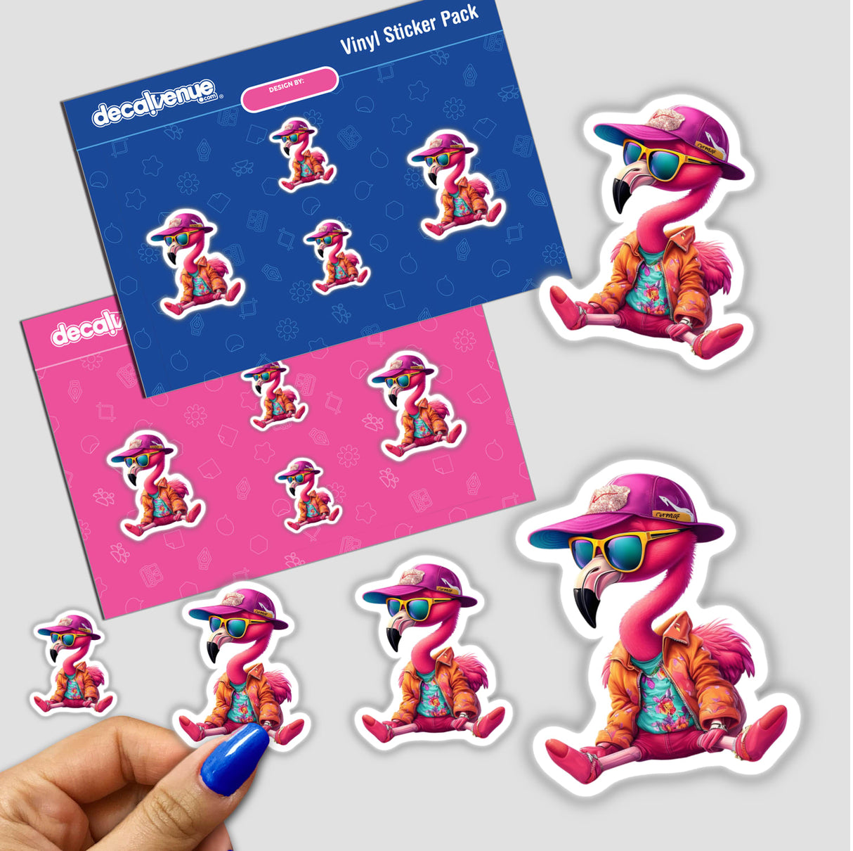 Stylish Flamingo stickers featuring cartoon flamingos, including ones wearing sunglasses and hats, available as stickers or digital artwork from Decal Venue.