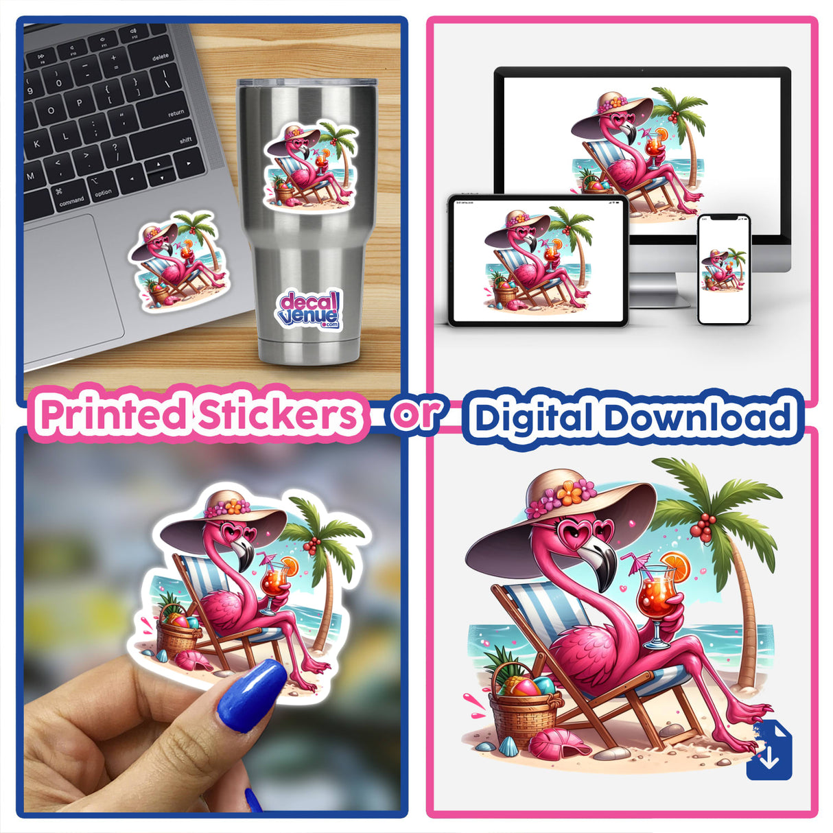 Flamingo Bird Beach Diva sticker featuring a cartoon flamingo lounging on a beach chair, available as a vinyl sticker or digital artwork, perfect for laptops or cups from Decal Venue.
