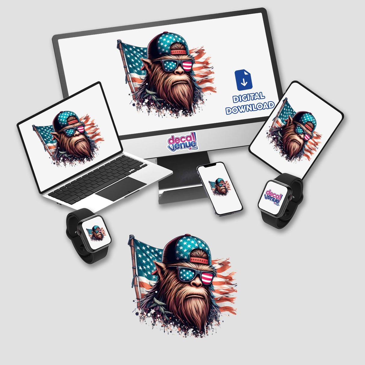 Vintage American Flag Sasquatch sticker featuring a cartoon monkey in sunglasses and a hat displayed on a computer and laptop, available as digital artwork or stickers from Decal Venue.