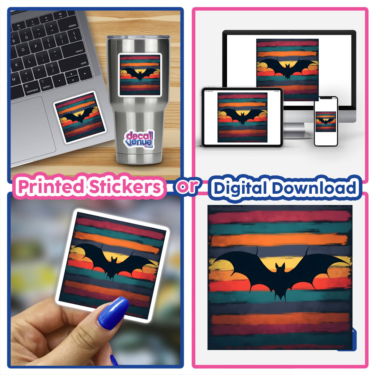 Bat Silhouette with Vibrant Stripes Halloween: Collage featuring a bat on a laptop, a hand holding bat art, and a bat on a colorful background. Available as stickers or digital artwork.