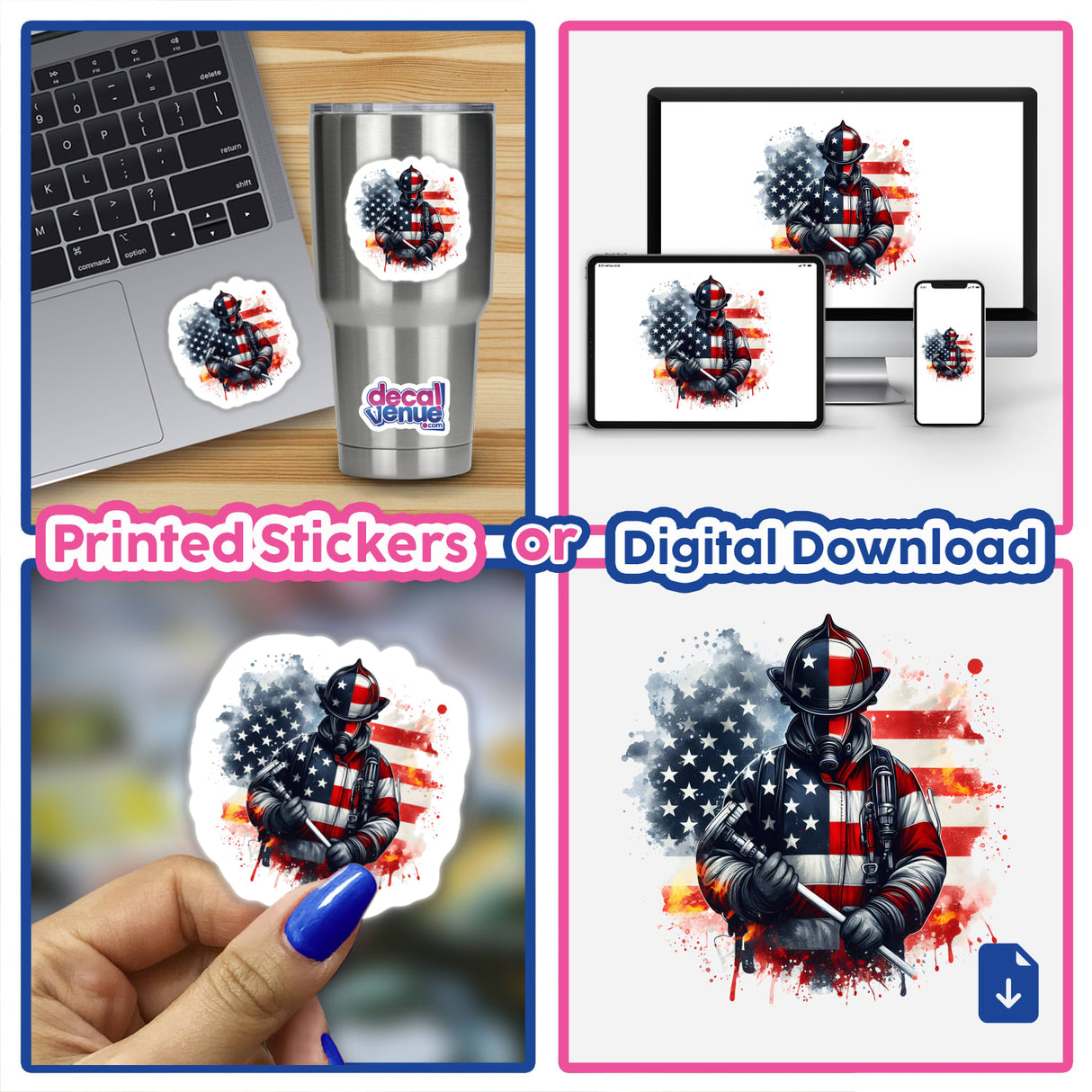 American Flag Firefighter II - Digital Artwork featuring a firefighter silhouette against a distressed American flag design, available as printed stickers or digital downloads.
