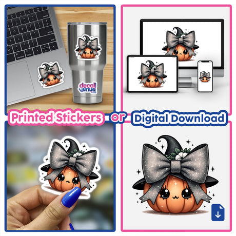 Cute Glitter Coquette Pumpkin sticker and digital artwork displayed on a laptop and cell phone.