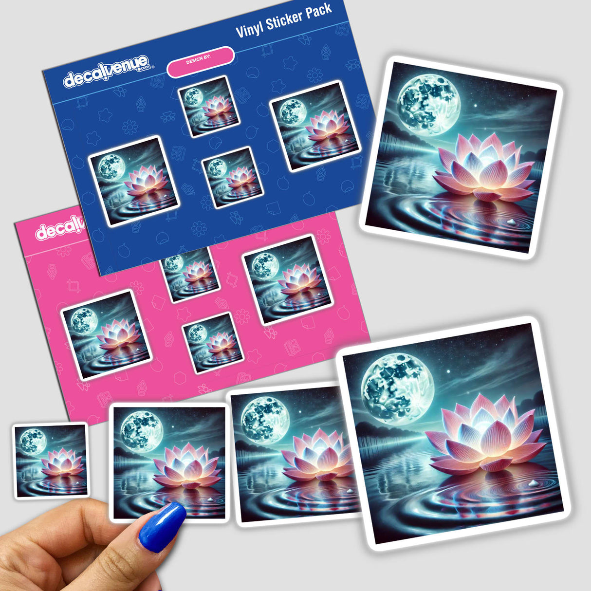 Moonlit Lotus - Radiant Bloom on Still Waters: a sticker featuring a pink flower floating on water with a full moon in the background.