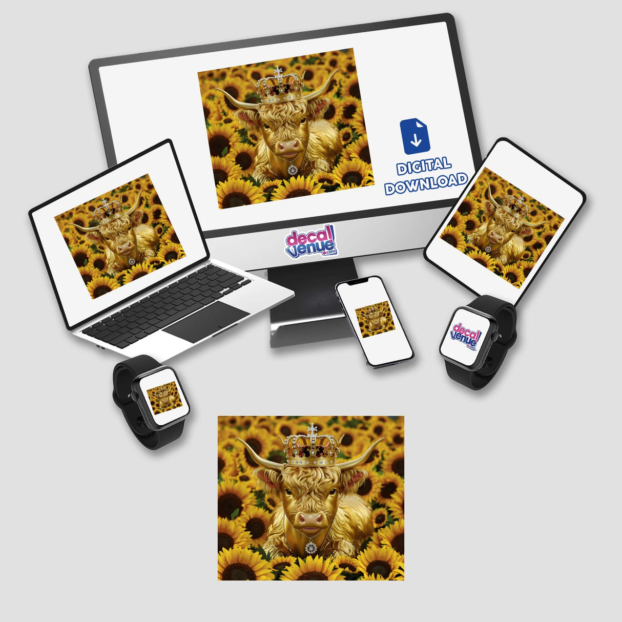 Golden Highland Cow Crown Sunflowers