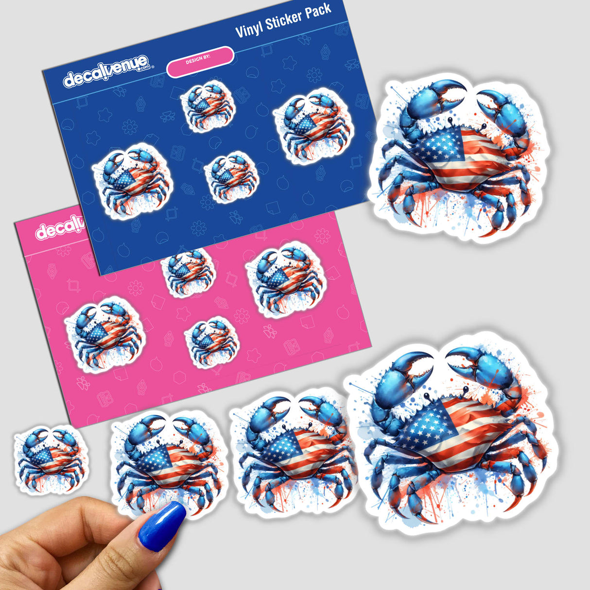 American Flag Blue Crab Watercolor Splatter stickers featuring crabs with American flag designs, available as individual stickers or in a sticker pack.