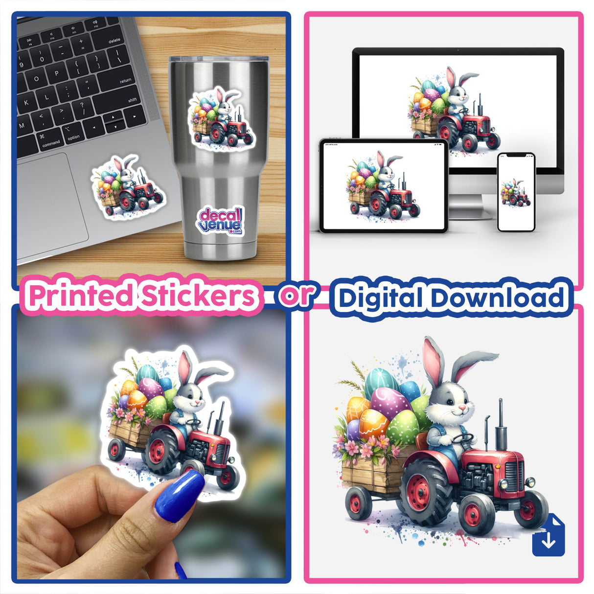 Collage featuring the Easter Egg Bunny Tractor III design, showcasing a rabbit driving a tractor with eggs and flowers, available as vinyl stickers or digital artwork.