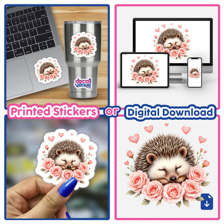 Sleeping Hedgehog with Hearts and Roses sticker, featuring an adorable hedgehog nestled among flowers. Perfect as charming decor or digital art, highlighting Decal Venue's unique collection.