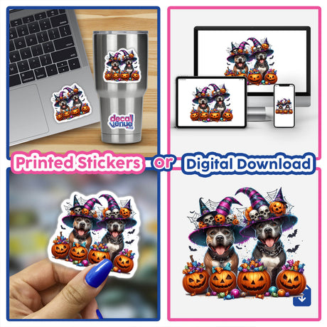 Happy Halloween Pitbull Trick or Treat Dogs collage featuring laptops, stickers, and hands holding festive dog-themed decals.