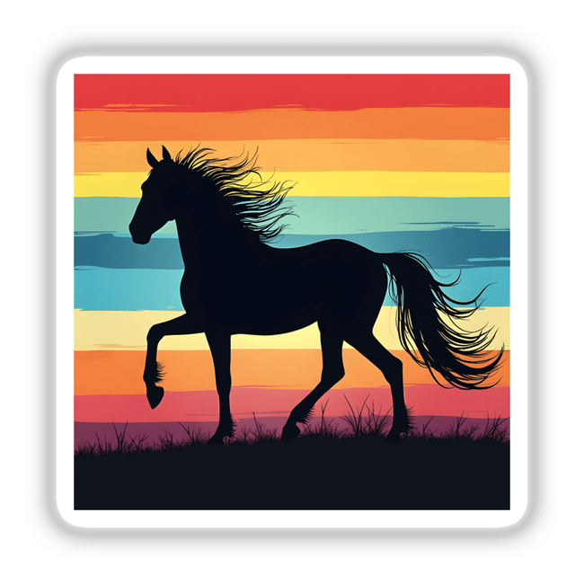 Horse Silhouette with Dynamic Color Stripes: A striking silhouette of a horse standing proudly against a vibrant, rainbow-striped background, available as stickers or digital artwork.