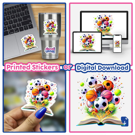 Vibrant Sports Ball Explosion Emerging from an Open Book artwork, featuring dynamic sports balls bursting outward. Available as durable stickers or digital art, perfect for adding energy to any space.