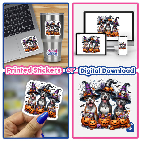 Halloween Trick or Treat Trio Pitbull Dogs stickers or digital artwork featuring dogs in hats holding pumpkins, displayed on laptops and held by hand.