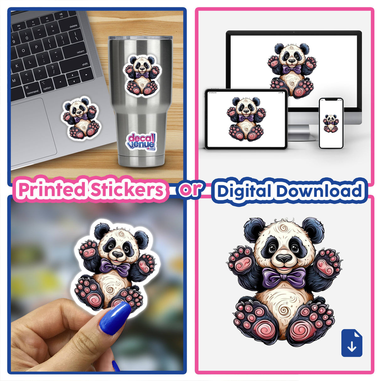 a picture of a panda bear sticker next to a laptop