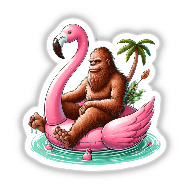 Sasquatch lounging on a pink flamingo float, depicted in a whimsical cartoon style. Available as stickers or digital artwork from Decal Venue, known for unique vinyl stickers and digital art.