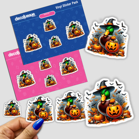 Halloween Mallard Duck Witch III stickers featuring cartoon ducks with hats holding pumpkins, ideal for Halloween-themed decorations. Available as stickers or digital artwork from Decal Venue.