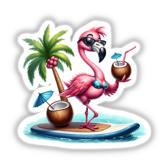 Flamingo in Bikini with Coconut Drink depicted as a whimsical illustration, offered as stickers or digital artwork. Perfect for adding a playful touch to any space.