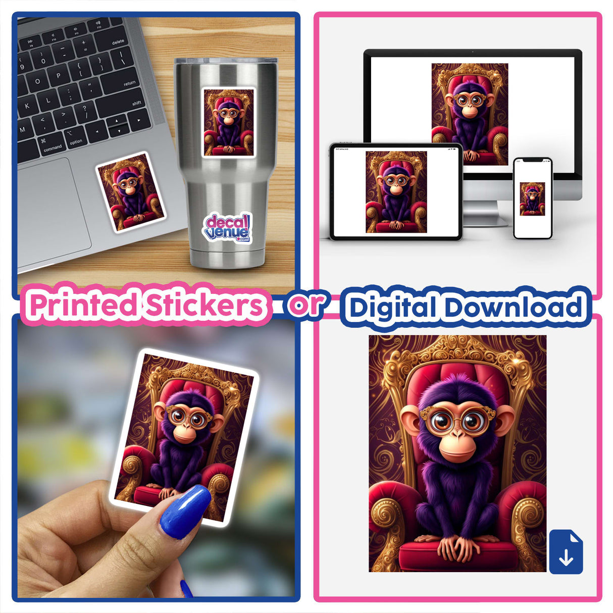 Regal Monkey sticker: Purple-furred primate with ornate glasses sits on a golden throne, featured on a laptop and silver mug. Available as stickers or digital artwork from Decal Venue.