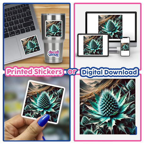 Collage featuring the Turquoise Thistle with Spiky Petals design, showcasing a digital download and sticker options from DecalVenue. Highlights include a hand holding the artwork, close-ups, and various digital displays.