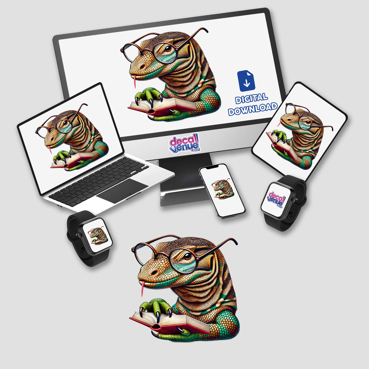 Komodo Dragon With Reading Glasses Open Book, depicted on a computer monitor and laptop screen, available as vinyl stickers or digital artwork from Decal Venue.