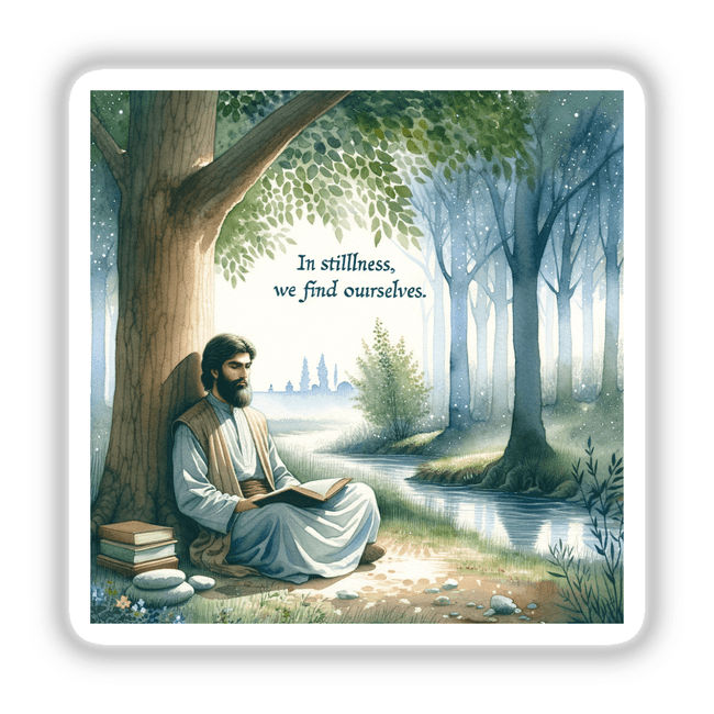 Calm man under a tree reading, depicted in art titled “In stillness, we find ourselves.” Available as stickers or digital artwork, capturing serene outdoor reflection.