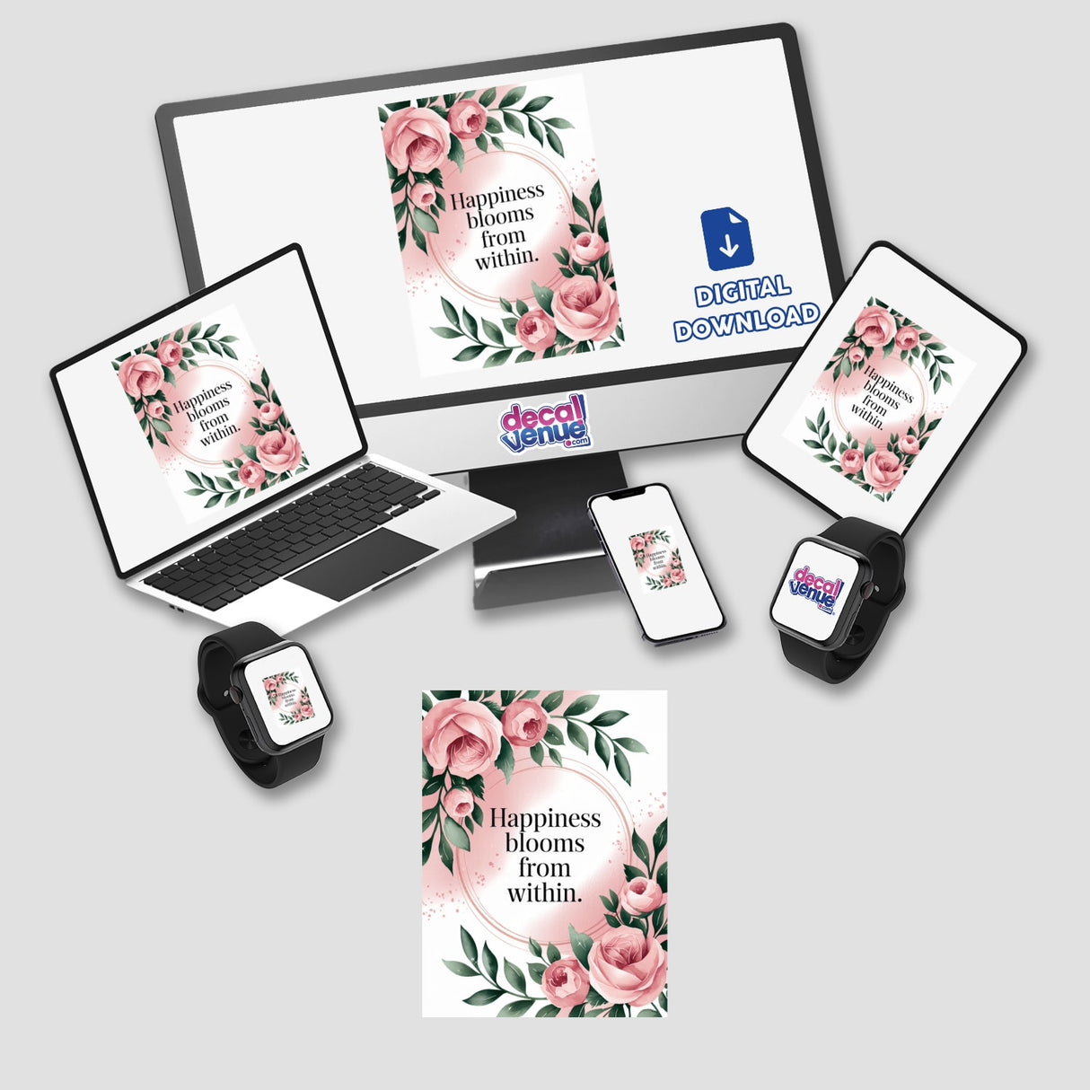 Happiness blooms from within: digital artwork featuring a computer monitor and laptop displaying pink flowers and green leaves, available as stickers or digital art from Decal Venue.