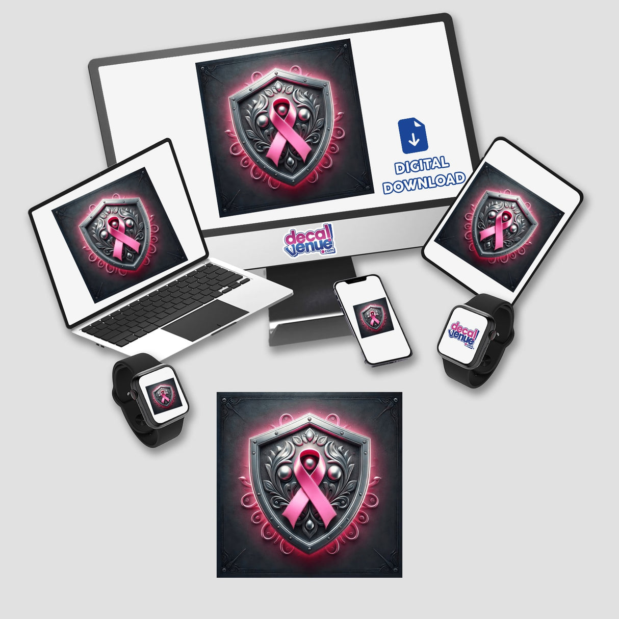 Warrior's Shield - Pink Ribbon Embossed on a Shield, displayed on a computer monitor and laptop. Available as stickers or digital artwork.