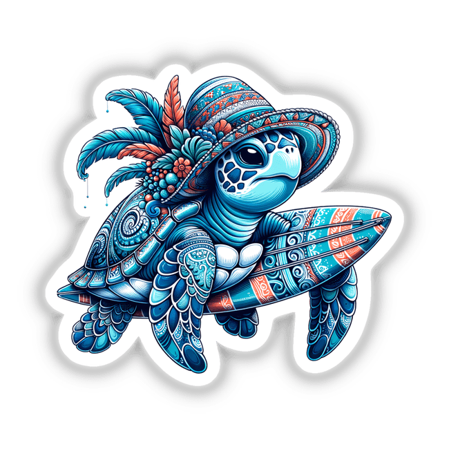 Sea Turtle in Summer Beach Hat with Surfboard