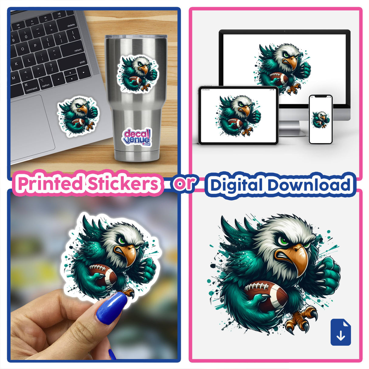 Angry Eagle with Football transparent design as stickers on a laptop and tumbler, or digital artwork displayed on devices, showcasing a fierce cartoon eagle clutching a football.