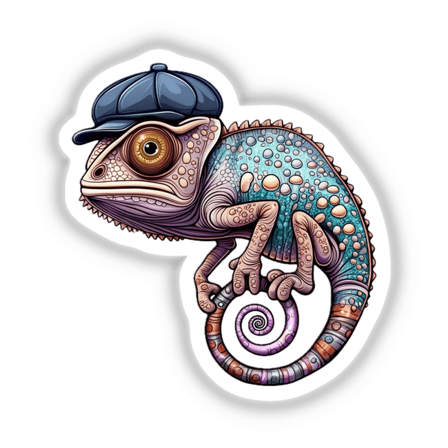 a chamelon with a cap on its head