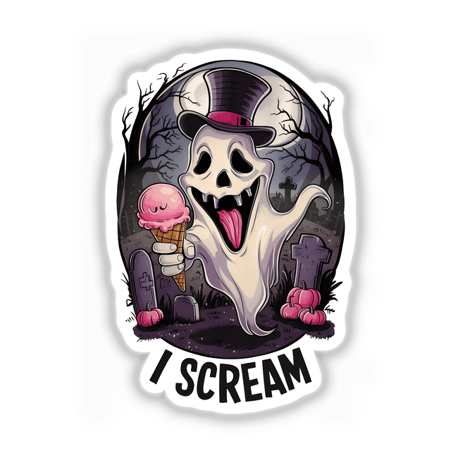 Spooky Halloween ghost with ice cream, adorned in a top hat, against a dark, eerie backdrop with bats and gravestones.