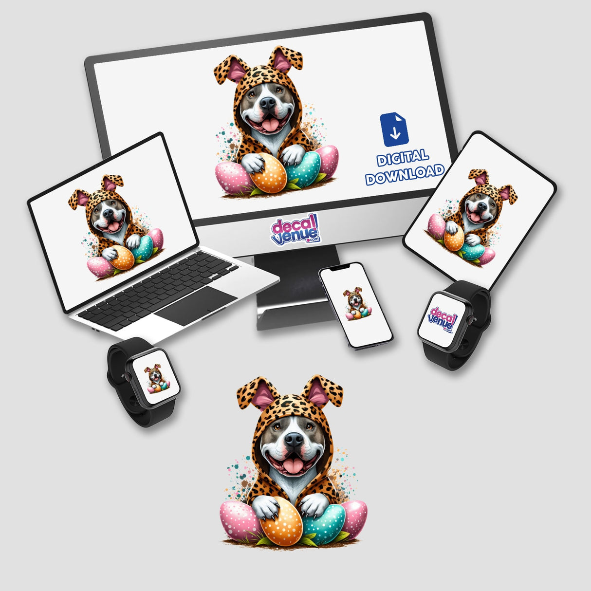 Easter Pitbull in Leopard Bunny Outfit depicted on a computer monitor and laptop, available as stickers or digital artwork from Decal Venue.