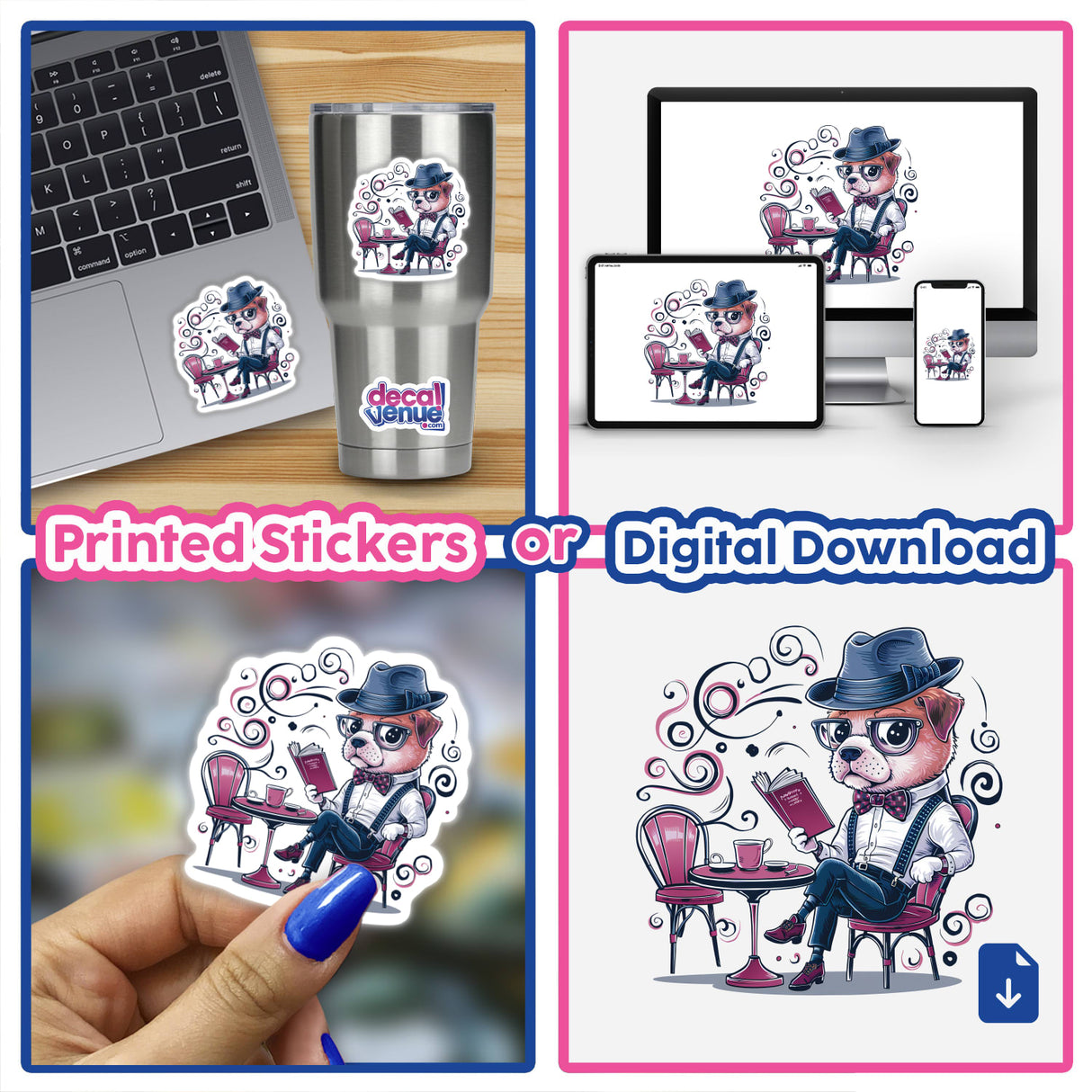 Dog Fedora Hat Reading Book