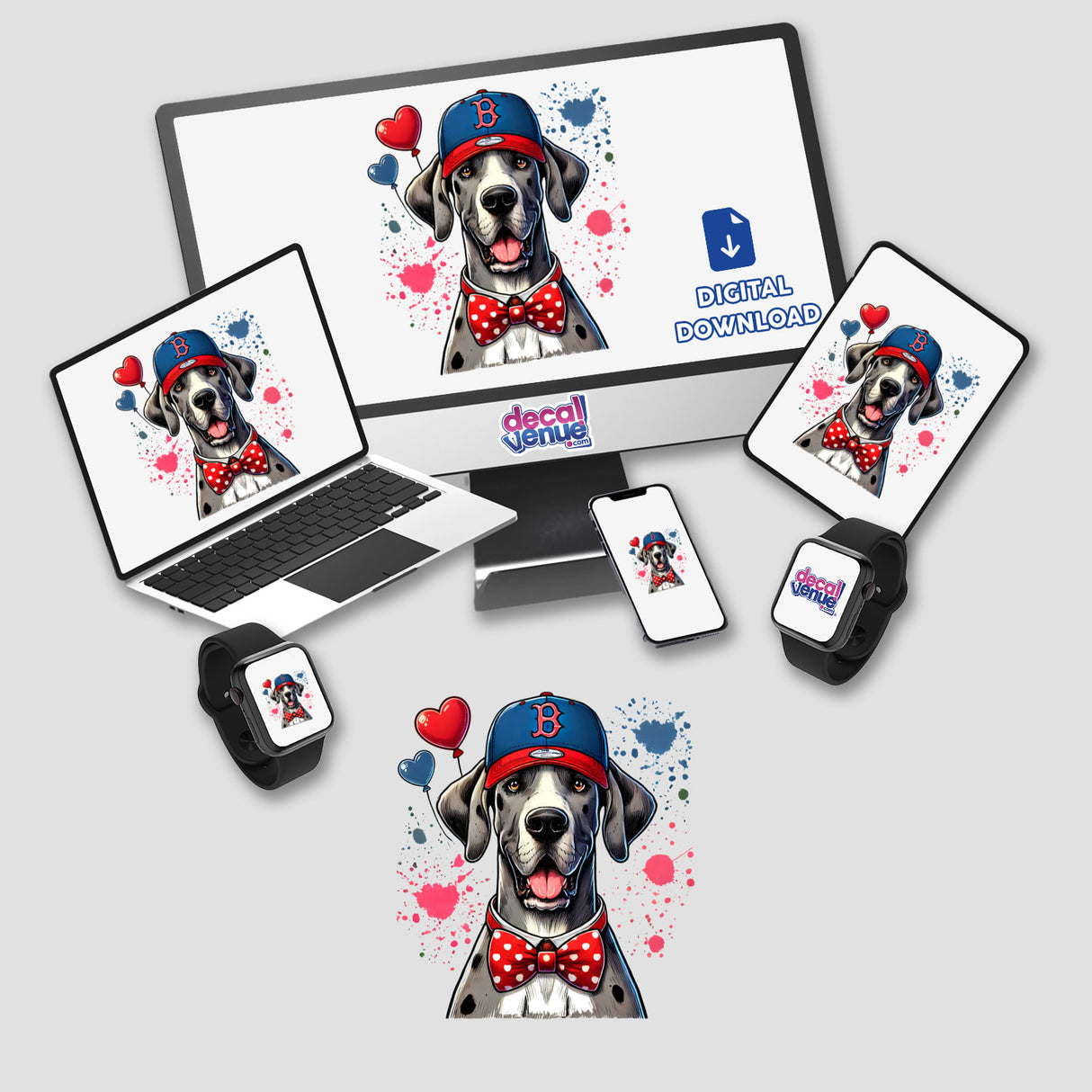 Great Dane in Baseball Hat displayed on a computer monitor and laptop, available as stickers or digital artwork from Decal Venue, showcasing unique vinyl sticker and digital art options.