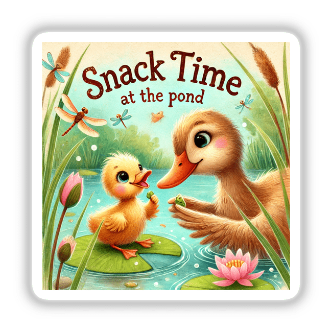 Snack Time at the Pond with Ducklings features a whimsical cartoon with a duck and duckling in a pond, ideal for stickers or digital art from Decal Venue.