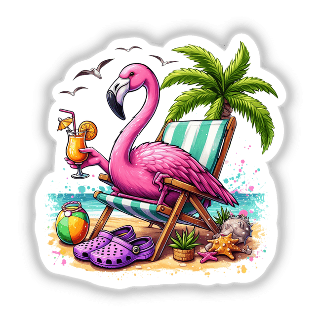 Relaxed Flamingo Sitting at the Beach depicted as a sticker or digital artwork, showcasing a serene flamingo lounging by the shore, ideal for enhancing spaces with unique, tranquil beach-themed art from Decal Venue.