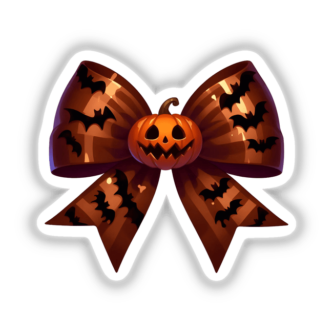 Halloween Pumpkin and Bat Coquette Bow featuring a carved pumpkin and bat motifs, available as stickers or digital artwork.
