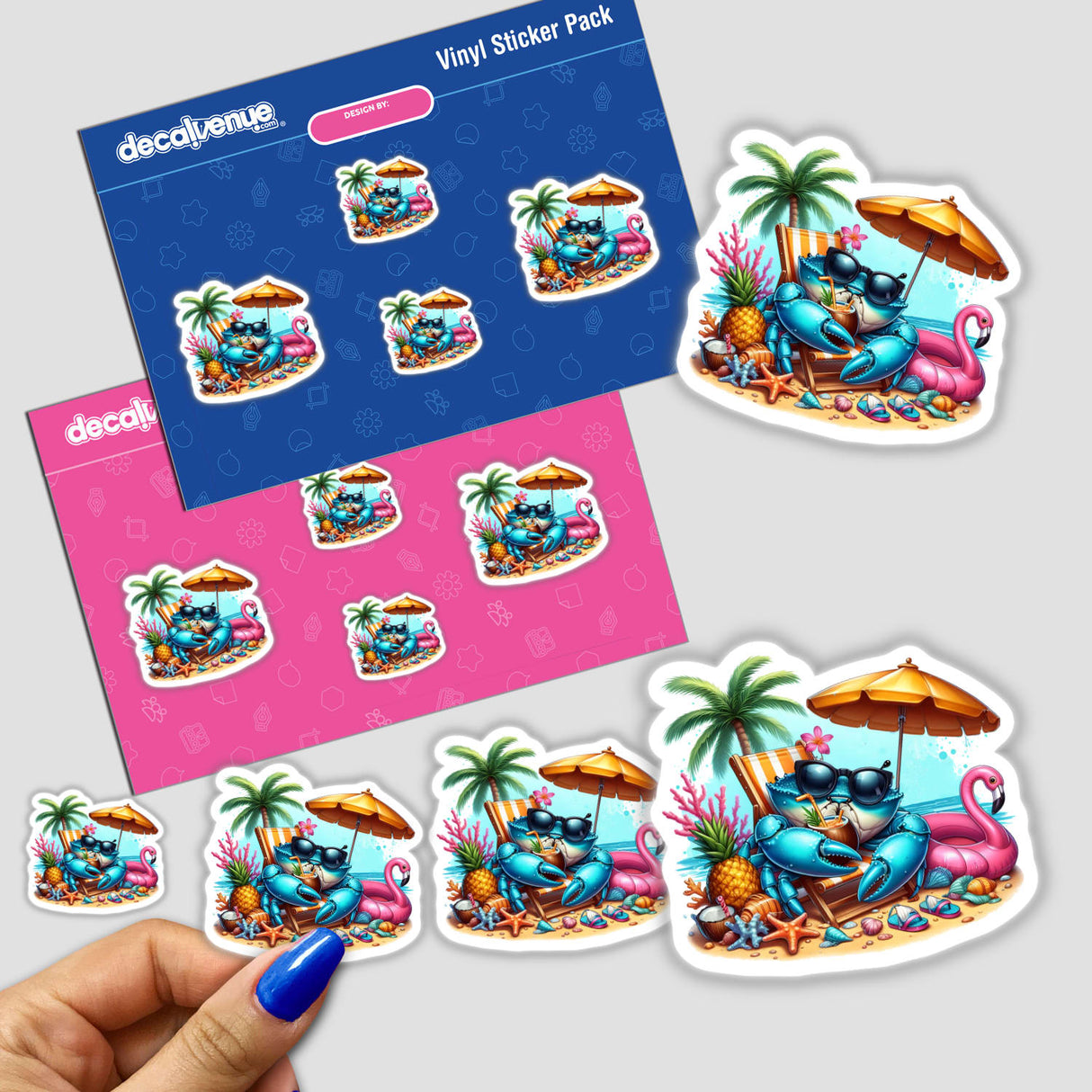 Tropical Blue Crab on Beach Sipping Drink sticker pack features a cartoon crab in sunglasses under an umbrella, with a flamingo float, palm tree, and coconut drink, on two colorful backing sheets.