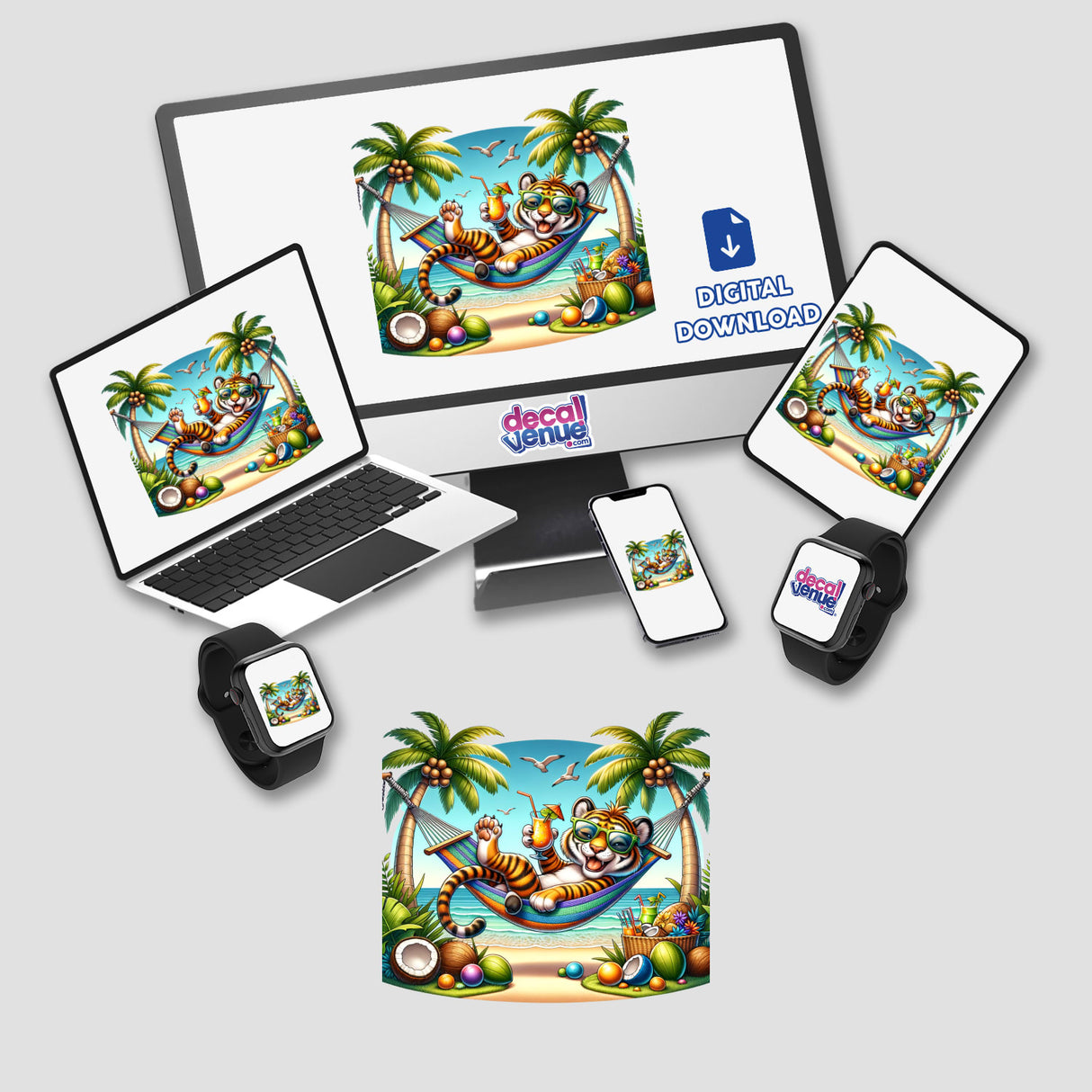 Tropical Tiger Lounging in Hammock, displayed on multiple devices including a laptop, monitor, and smartphone, showcasing the versatility of these stickers or digital artwork from Decal Venue.