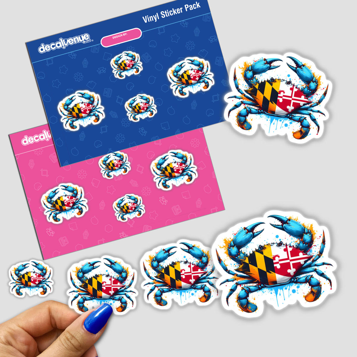 Maryland Flag Splatter Crab sticker pack featuring cartoon crabs holding flags, showcasing unique vinyl designs. Available as stickers or digital artwork from Decal Venue.