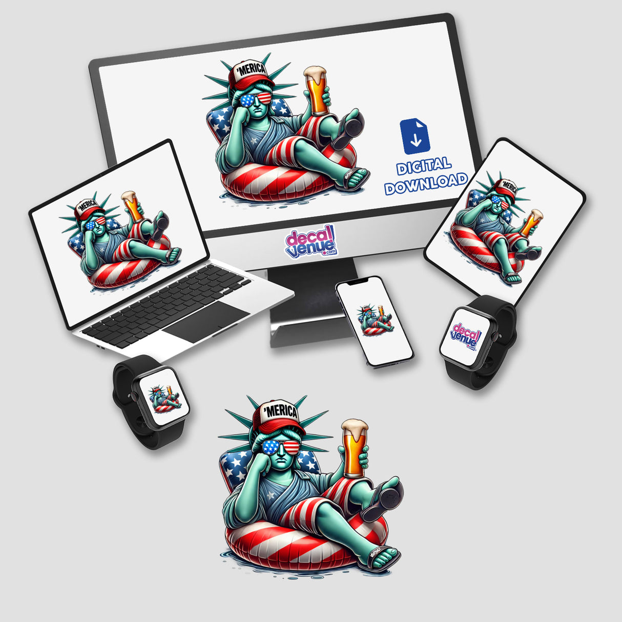 Statue of Liberty American Flag Float Merica sticker or digital artwork featuring a cartoon Statue of Liberty holding a beer and sitting on a float, displayed on a laptop screen.