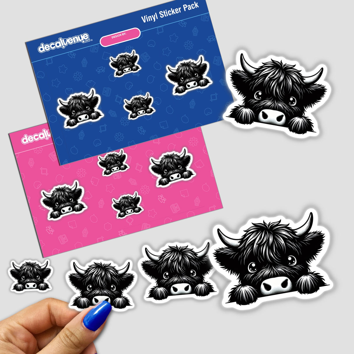 Peeking Highland Cow depicted as a charming illustration, available as stickers or digital artwork, capturing the cow's distinctive, inquisitive gaze, perfect for those seeking unique vinyl decals or digital prints.