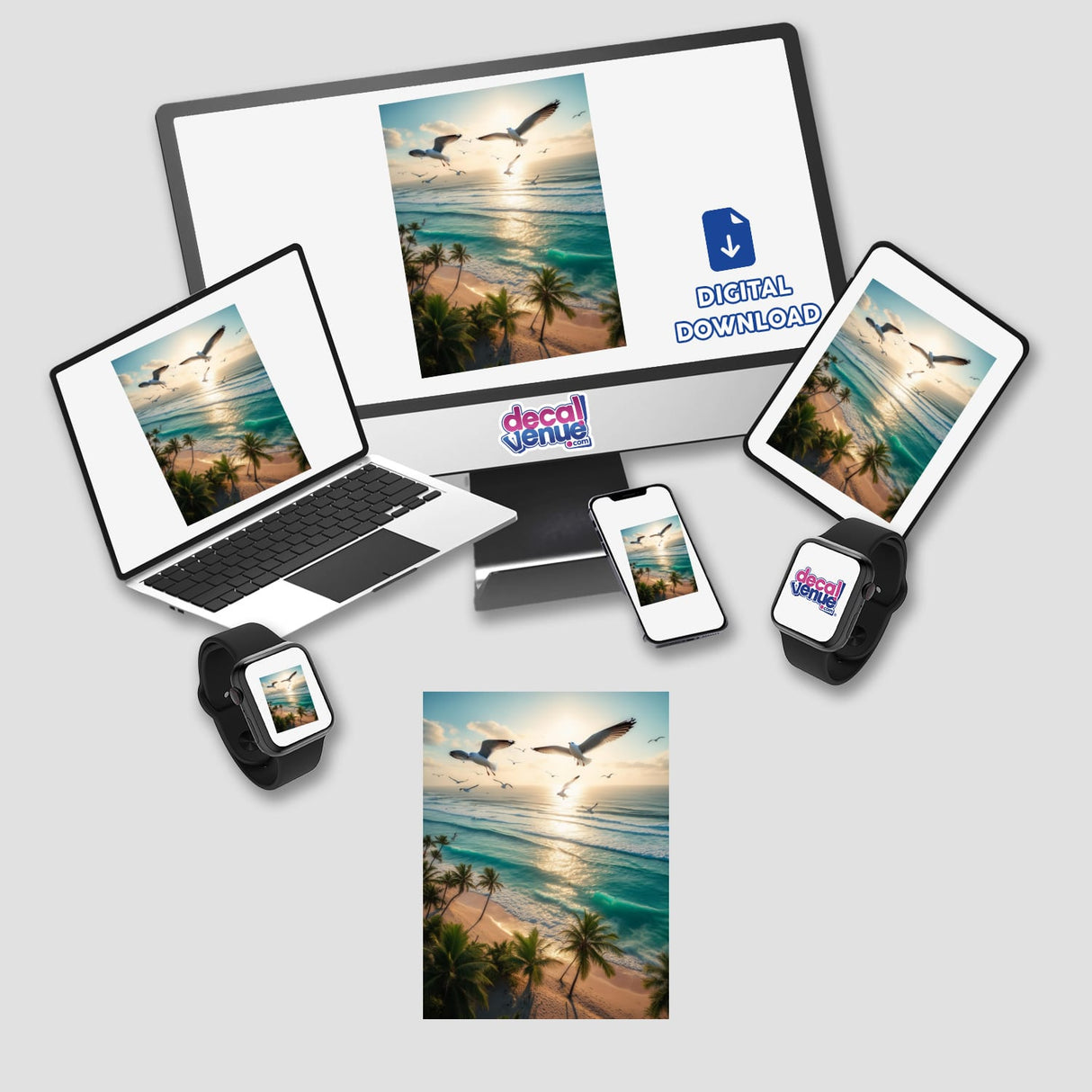 Ocean Breeze Seagulls Over Tropical Beach artwork displayed on a laptop and tablet, showcasing a serene beach scene with seagulls, available as stickers or digital art.