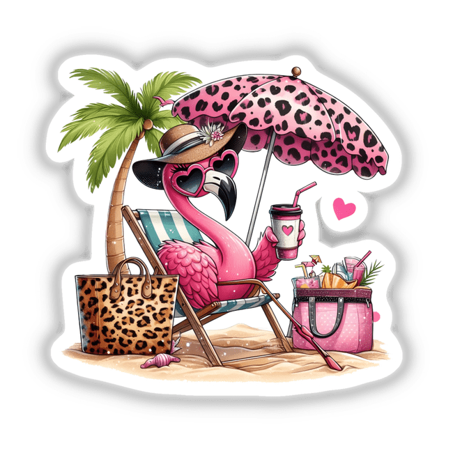 Sassy Flamingo sitting under a pink leopard beach umbrella, lounging on a beach chair with a matching bag, available as stickers or digital artwork.