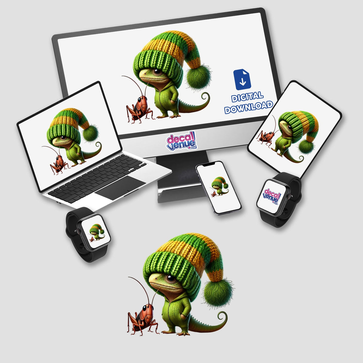 Lizard Gnome with Cricket available as Stickers or Digital Artwork displayed on various devices, featuring a cute lizard in a green and orange knitted hat next to a cricket.