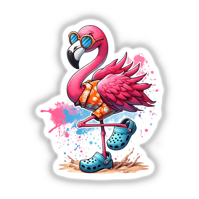 Beach Ready Summertime Flamingo II showcases a flamingo in a playful summer theme, available as stickers or digital artwork. Perfect for adding a unique touch to personal items or digital projects.