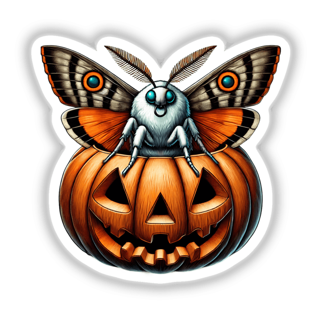 Halloween Moth Emerging from Pumpkin - Whimsical digital artwork featuring a large moth with colorful wings peeking out of an intricately carved Halloween pumpkin.