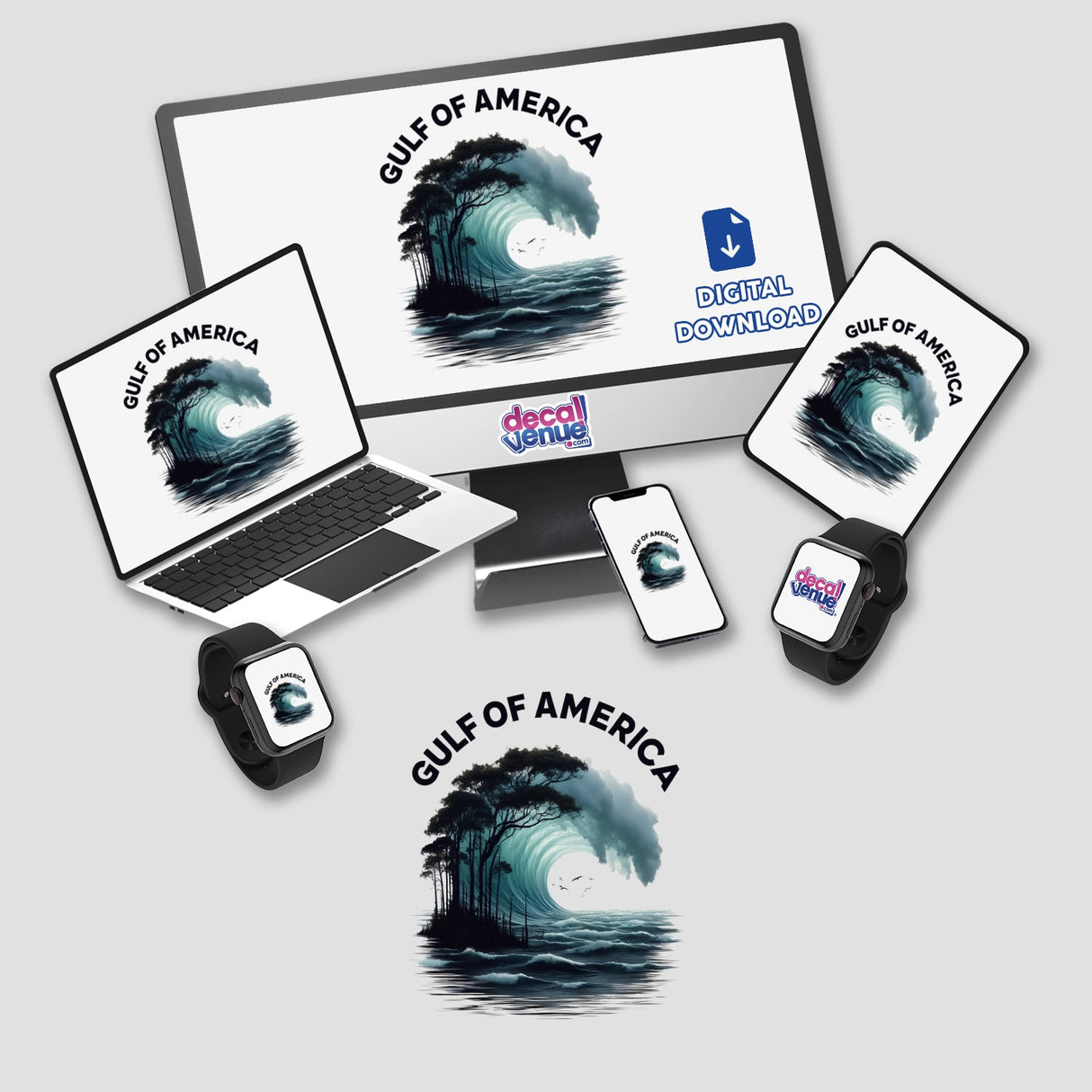 Gulf of America features a digital artwork of a wave with trees and birds, available as stickers or digital art, displayed on a computer monitor and laptop.