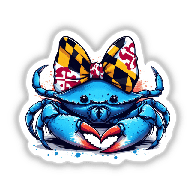 Maryland Flag Coquette Bow Claw Heart Crab sticker featuring a whimsical blue crab adorned with a bow, ideal for unique vinyl sticker or digital art enthusiasts.